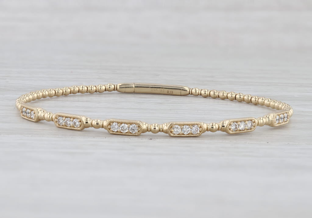 New 0.53ctw Diamond Flexible Bead Bangle Bracelet 14k Yellow Gold 6.75"
