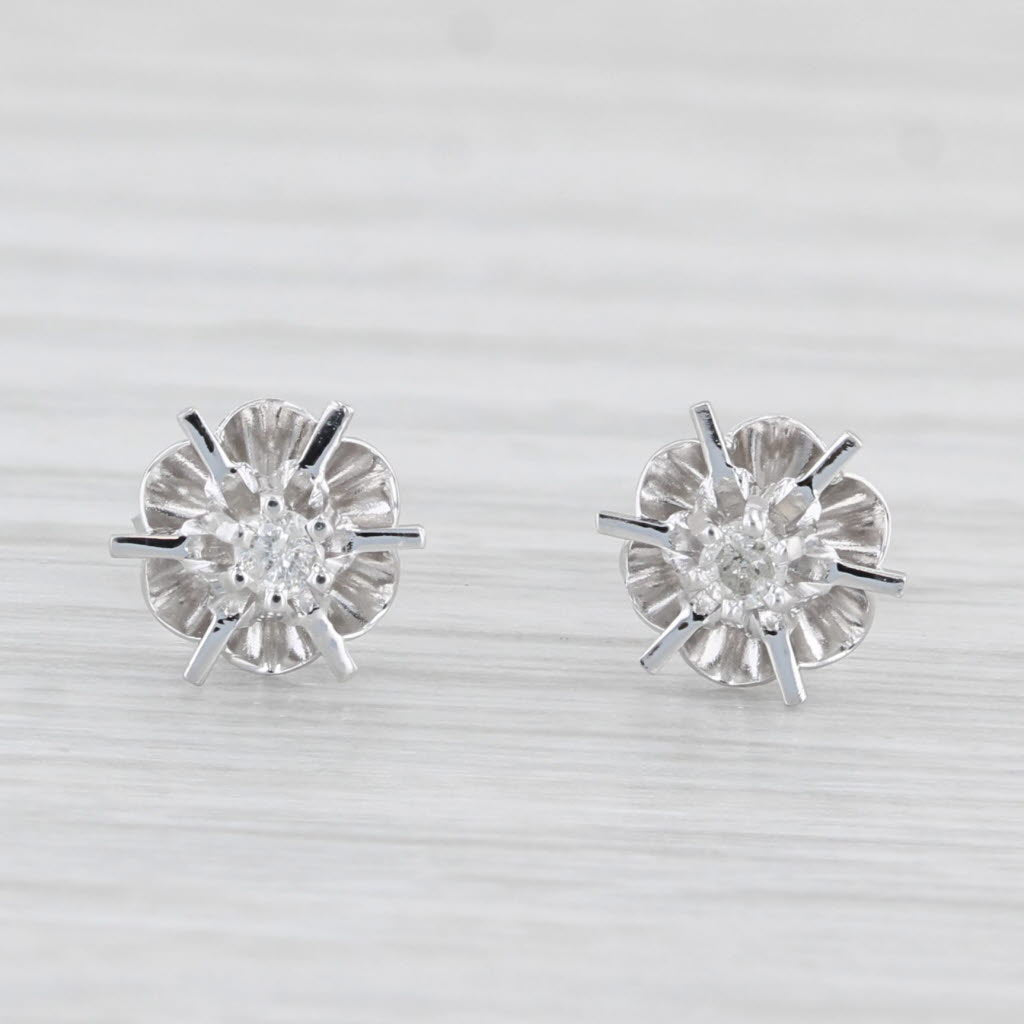 Light Gray Vintage Diamond Buttercup Stud Earrings 14k White Gold Solitaire Studs