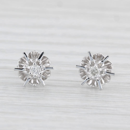 Light Gray Vintage Diamond Buttercup Stud Earrings 14k White Gold Solitaire Studs