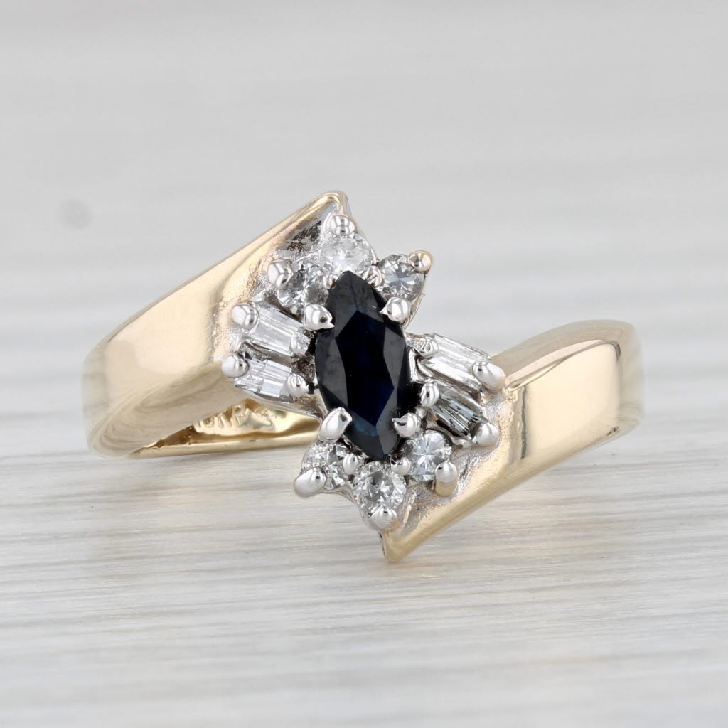 Light Gray 0.50ctw Marquise Blue Sapphire Diamond Ring 10k Yellow Gold Size 4.25 Bypass