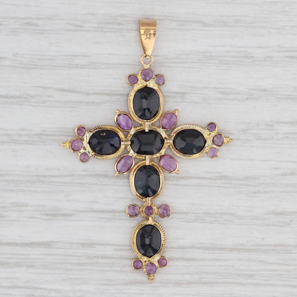 4.35ctw Blue Pink Sapphire Large Cross Pendant 18k Yellow Gold Statement