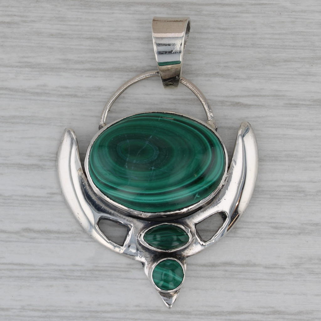 Dark Gray Green Malachite Statement Pendant Sterling Silver