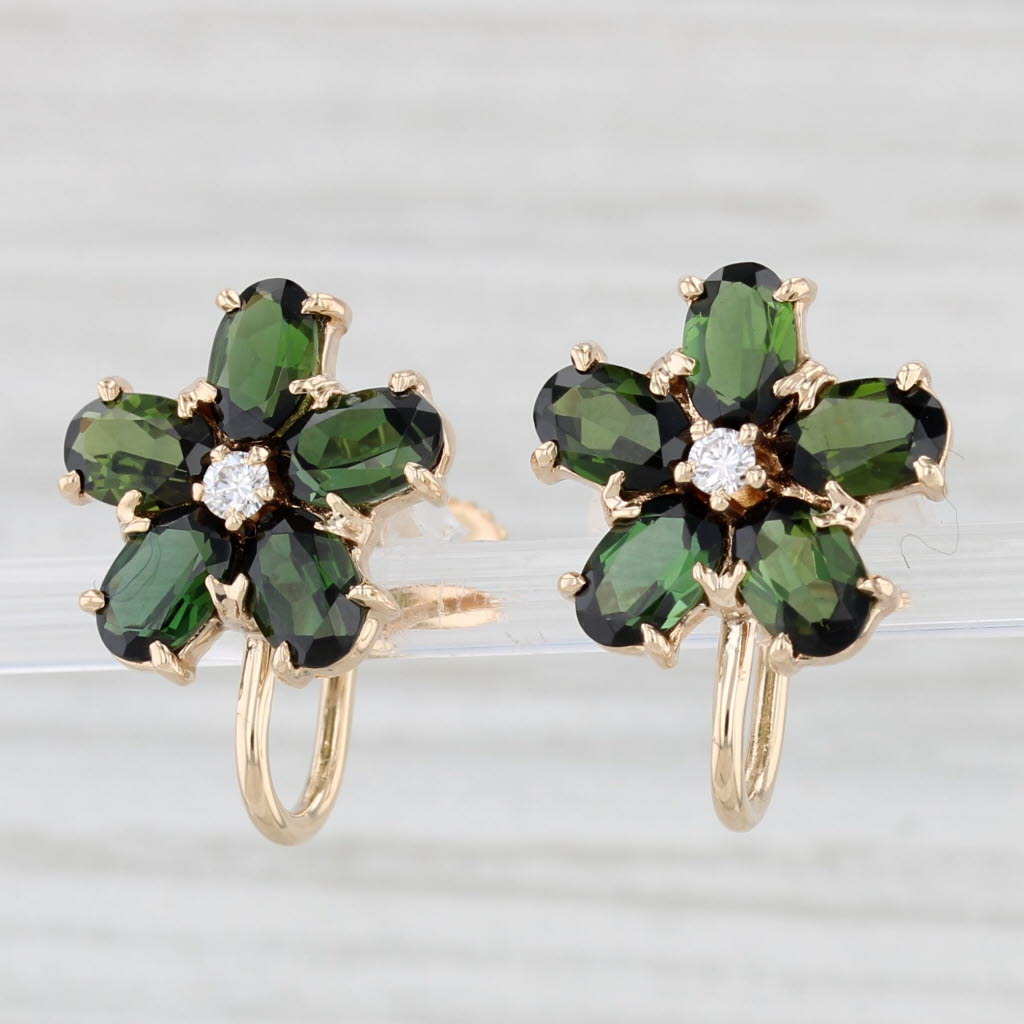 Light Gray 4.80ctw Green Tourmaline Diamond Flower Earrings 14k Gold Non Pierced Screw Back