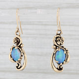 Vintage Floral Blue Opal Dangle Earrings 14k Yellow Gold Hook Posts