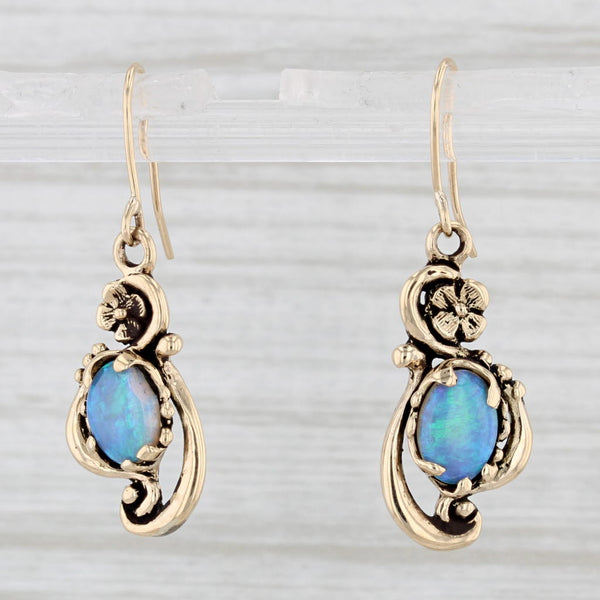 Light Gray Vintage Floral Blue Opal Dangle Earrings 14k Yellow Gold Hook Posts