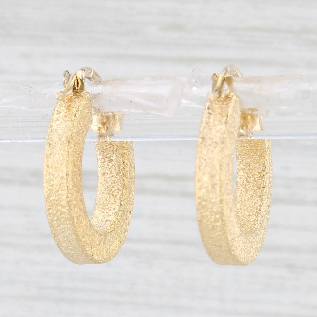 Light Gray Shimmering Brushed Hoop Earrings 14k Yellow Gold Round Hoops Snap Top