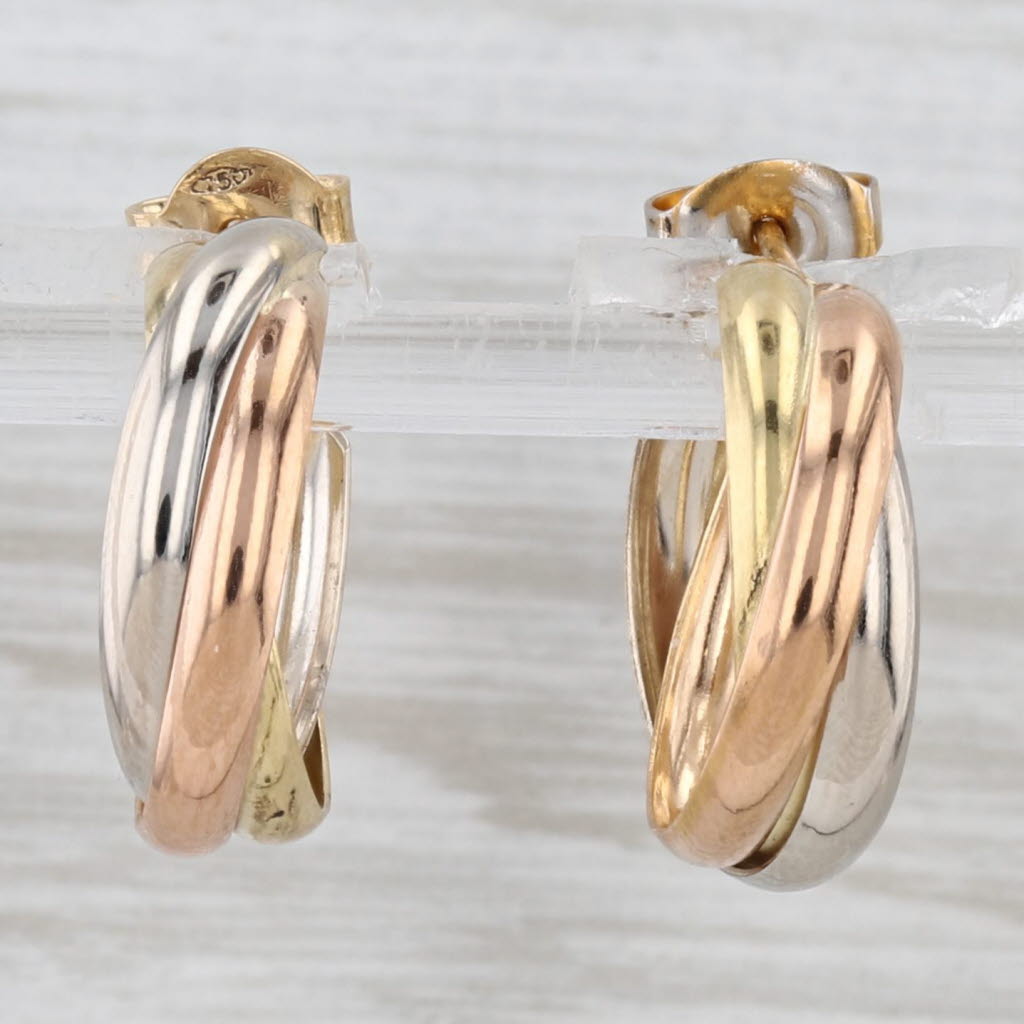 Light Gray Tri-Toned Woven Hoop Earrings 18k Yellow White Rose Gold 18.2mm