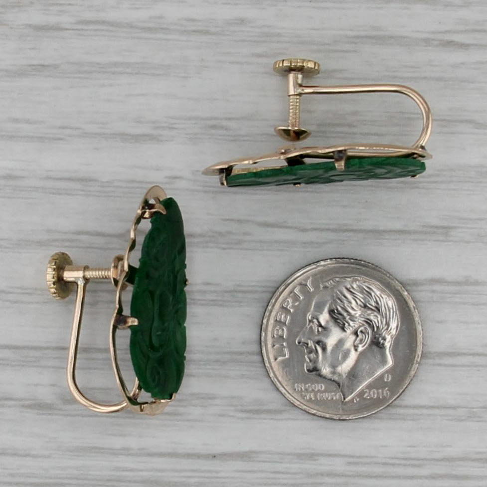 Carved Green Jade Earrings 14k Yellow Gold Vintage Screw Back Non Pierced