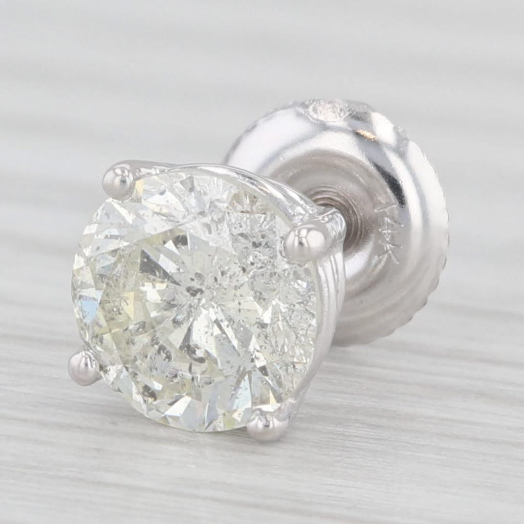 Light Gray Single 1.05 Diamond Stud Earring 14k White Gold Screw On Backs Round Solitaire