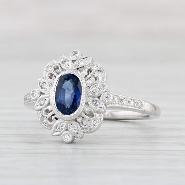 New Beverley K 0.91ctw Blue Sapphire Diamond Halo Ring Size 6.75 14k White Gold