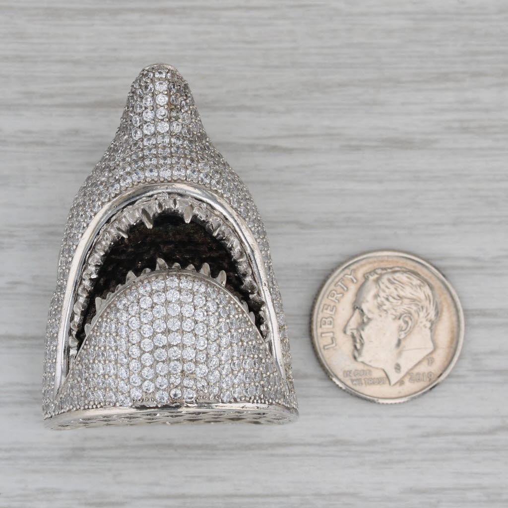 Gray Large Shark Head Pendant sterling Silver Black White Cubic Zirconias Nautical