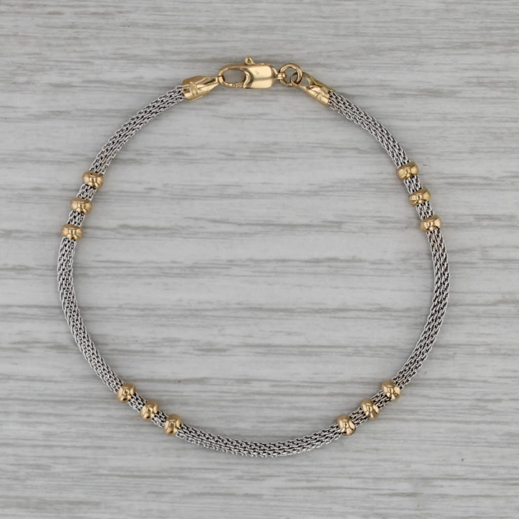Mesh Chain Bead Bracelet 7" 18k White & Yellow Gold 3.5mm