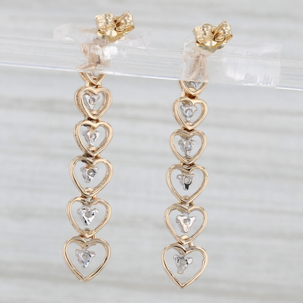 Light Gray 0.20ctw Diamond Hearts Journey Dangle Earrings 14k Yellow Gold Pierced Drops