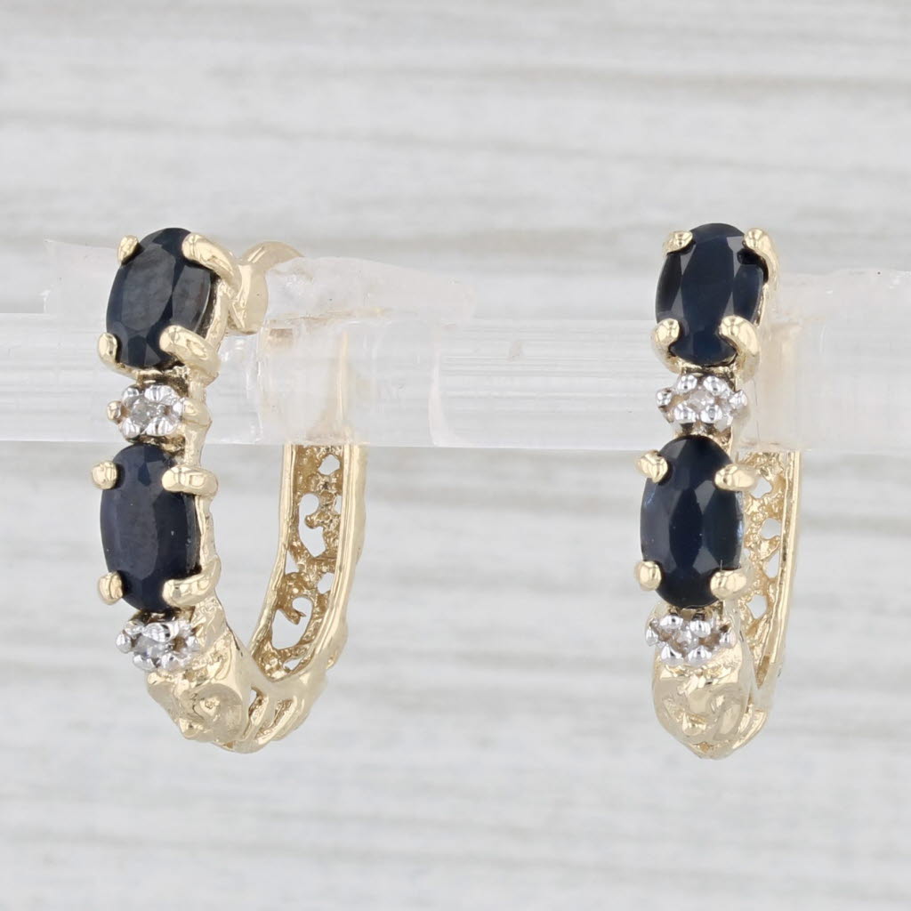 Light Gray 1.40ctw Blue Sapphire Hoop Earrings 10k Gold Snap Top Hoops Diamond Accents