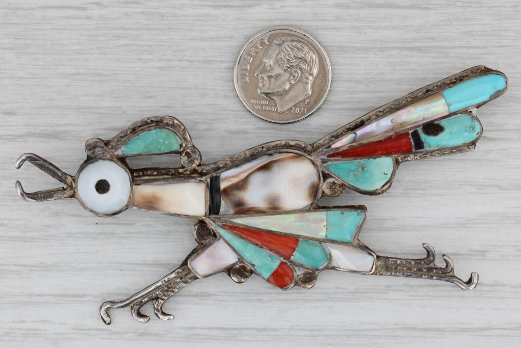 Gray Native American Road Runner Stone Mosaic Vintage Large Brooch Sterling Silver