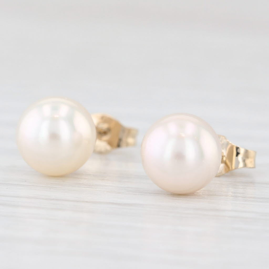 Light Gray 6.6mm Cultured Pearl Stud Earrings 14k Yellow Gold Round Solitaire Studs