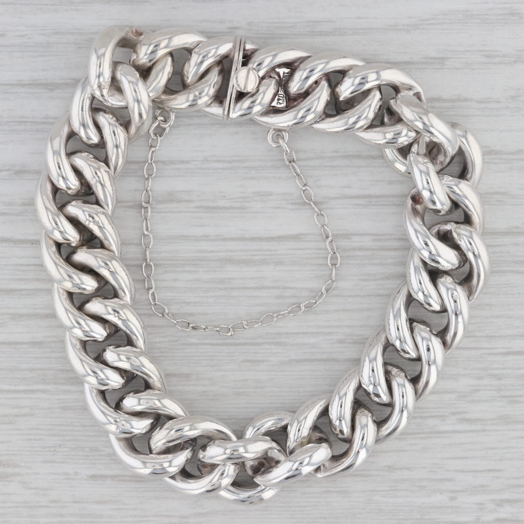 Gray Curb Chain Bracelet w/ Safety Chain 830 Silver Antique Monogrammed 7.5" 12.2mm