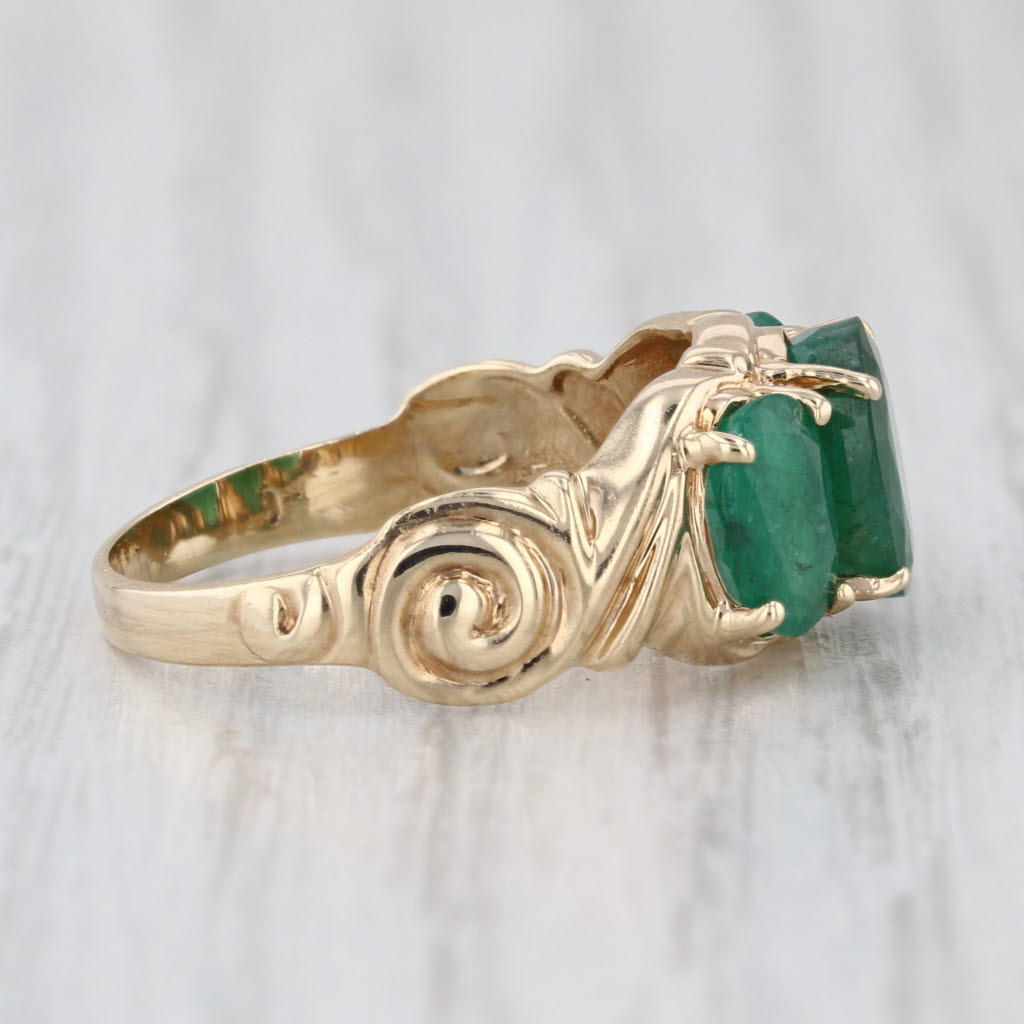 Vintage 2.55ctw 3-Stone Oval Emerald Ring 10k Yellow Gold Size 7
