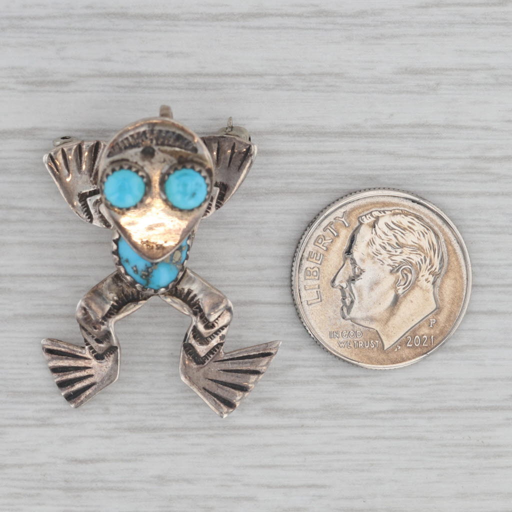 Gray Native American Tribal Frog Figurine Brooch Sterling Silver Turquoise Pin