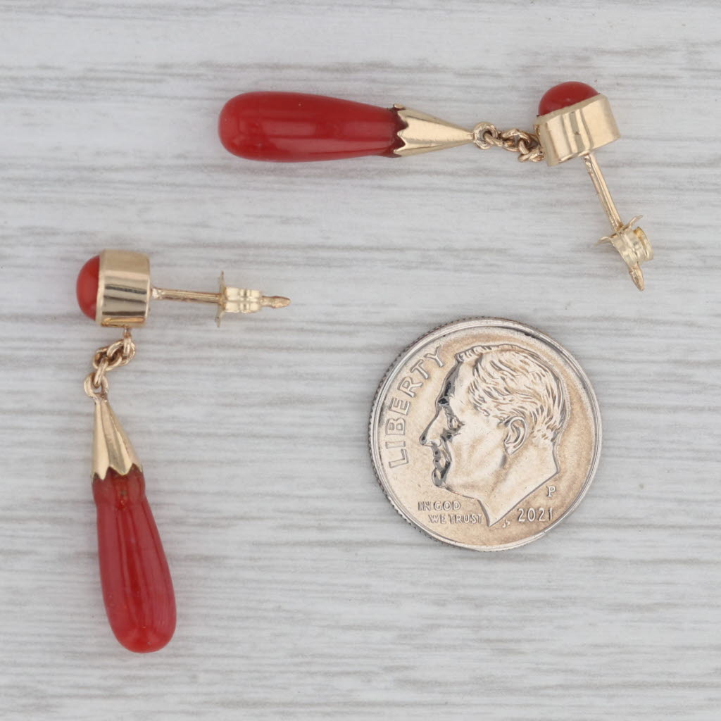 Gray Red Coral Drop Earrings 10k Yellow Gold Pierced Dangles