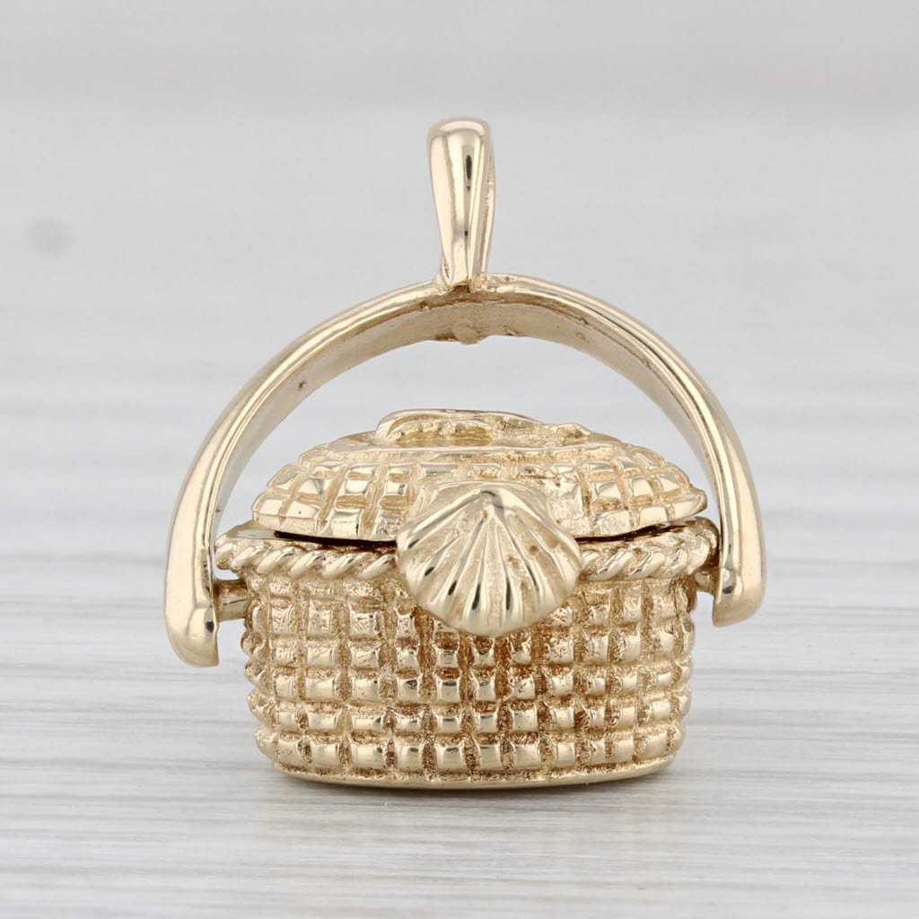 Light Gray Nantucket Picnic Basket Pendant 14k Yellow Gold Open Lucky Penny Inside 3D Charm