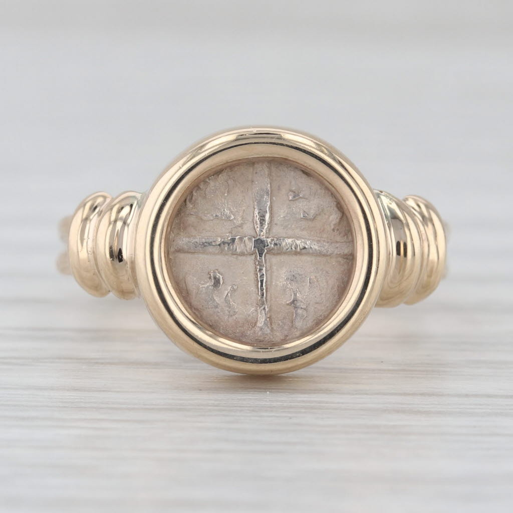 Reproduction Ancient Coin Ring 14k Yellow Gold Silver Size 6.75