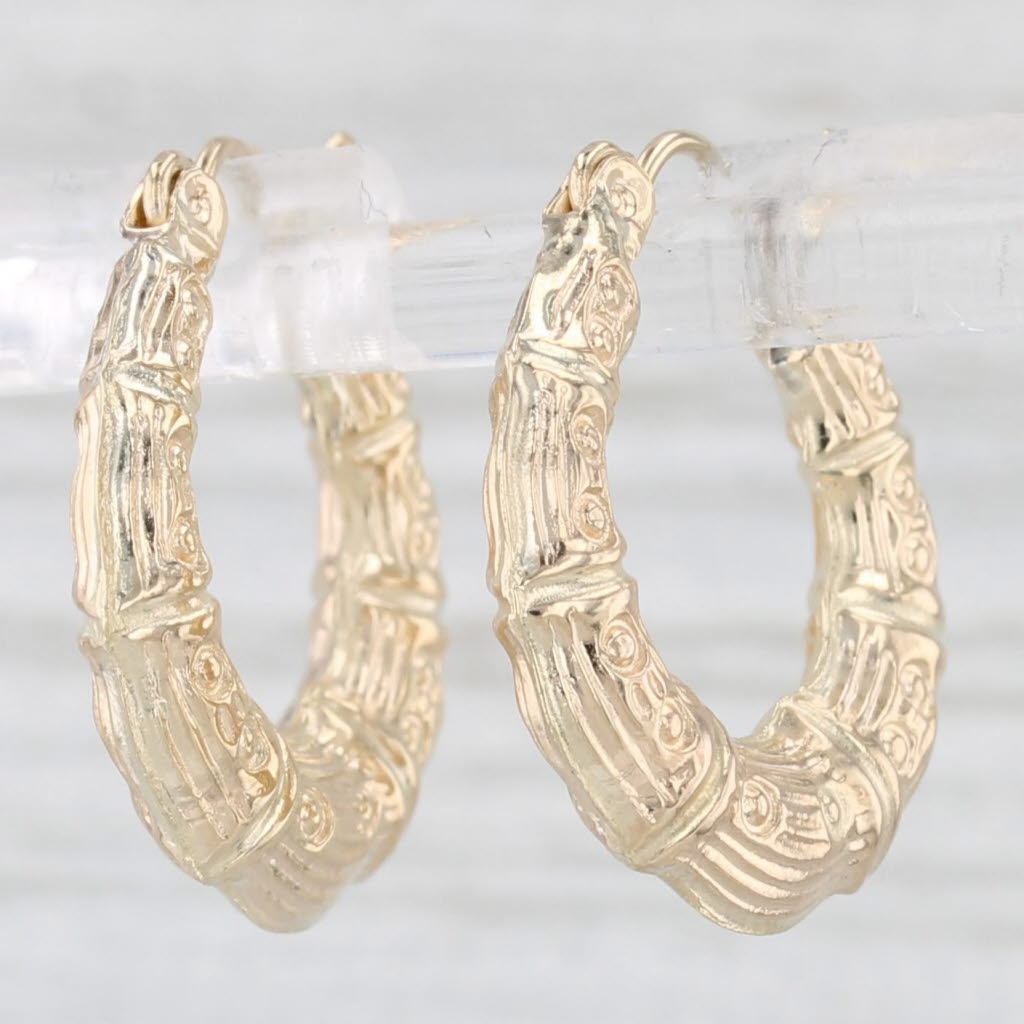 Light Gray Ornate Bamboo Etched Hoop Earrings 10k Yellow Gold Snap Top Round Hoops