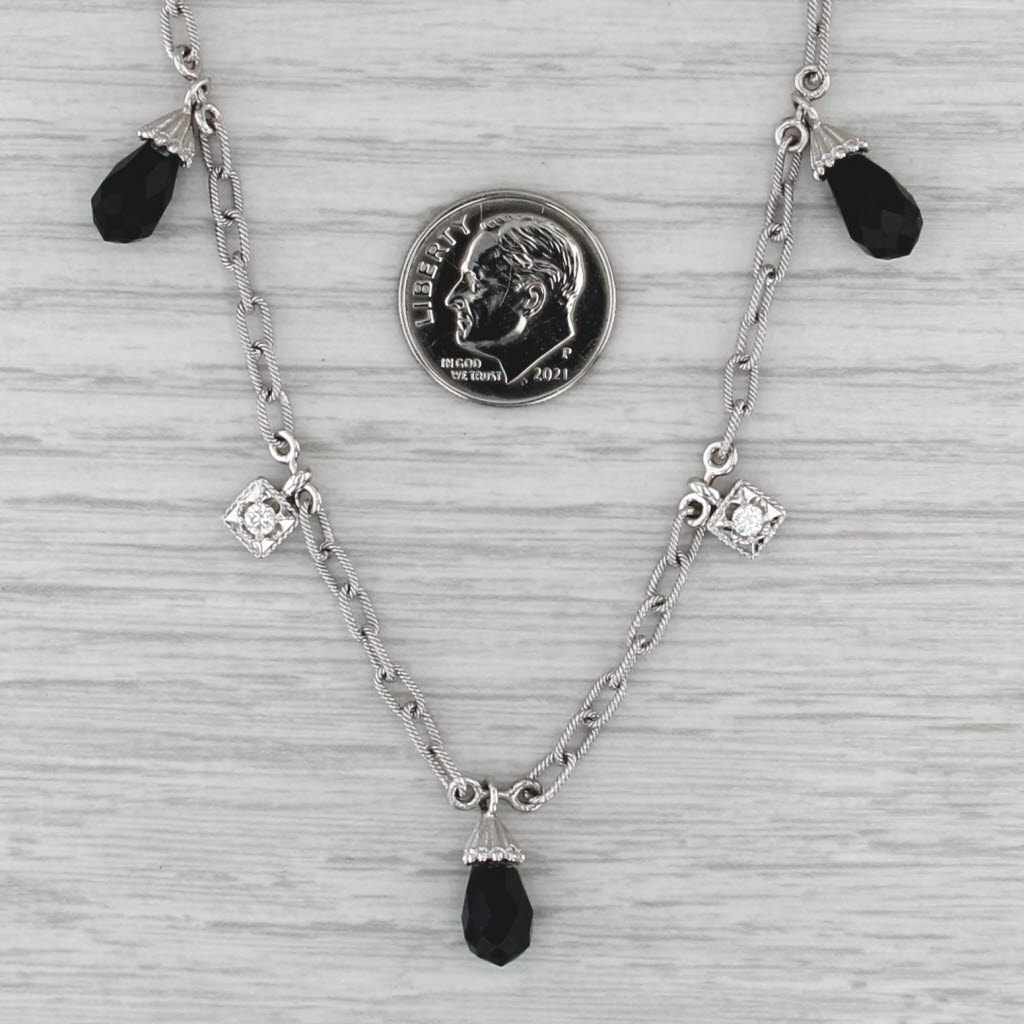 Onyx Diamond Drop Station Necklace 18k White Gold Cable Chain 15.5"