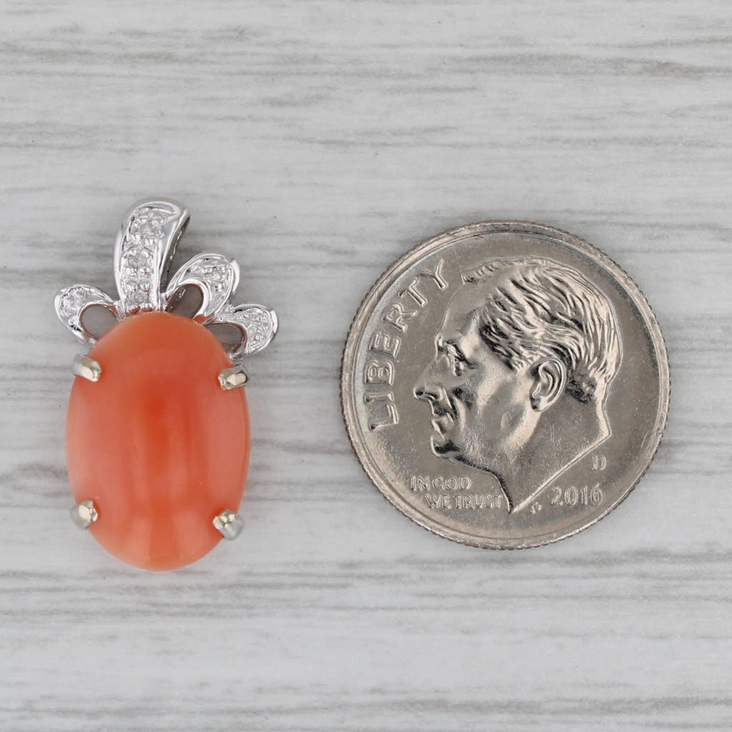 Gray Coral Cabochon Diamond Pendant 14k White Gold