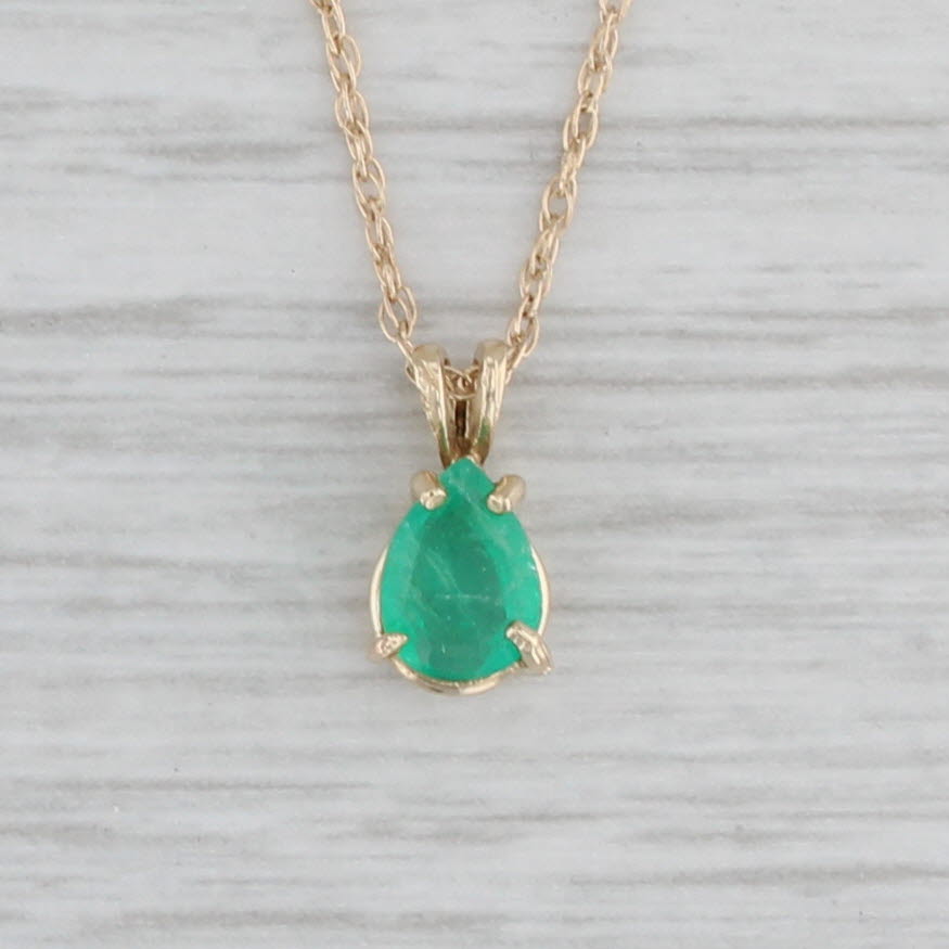 Gray 0.40ct Emerald Teardrop Pendant Necklace 14k Yellow Gold 16" Rope Chain