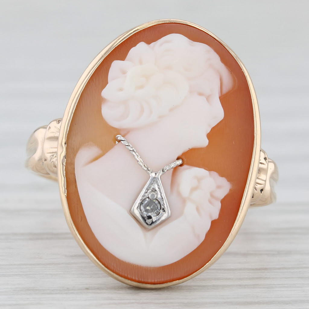 Light Gray Carved Shell Cameo Ring 10k Yellow White Gold Size 6.75 Diamond