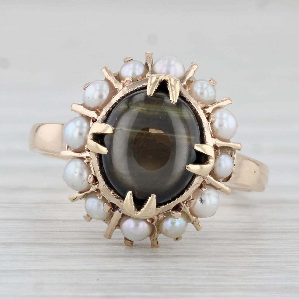 Light Gray Vintage Black Star Sapphire Cultured Pearl Halo Ring 10k Yellow Gold Size 7.25