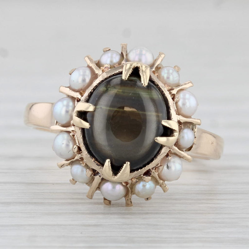 Vintage Black Star Sapphire Cultured Pearl Halo Ring 10k Yellow Gold Size 7.25