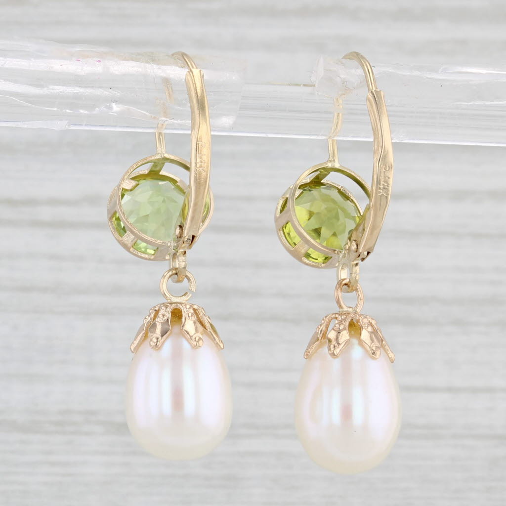 Light Gray Cultured Pearl Peridot Drop Earrings 14k Yellow Gold Lever Backs