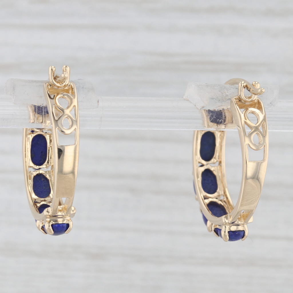 Light Gray Lapis Lazuli Hoop Earrings 14k Yellow Gold Snap Top Round Hoops