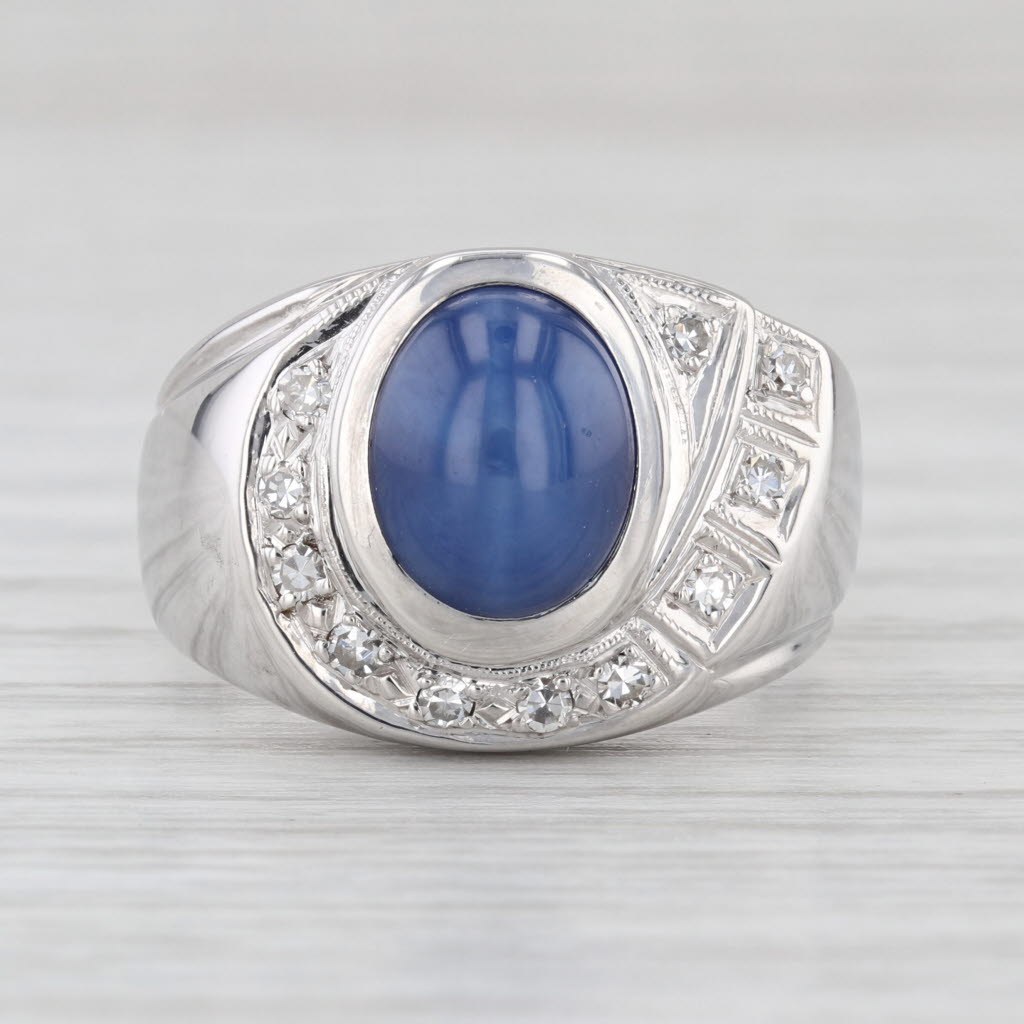 Vintage Cabochon Lab Created Star Sapphire Diamond Ring 14k White Gold Size 8.5