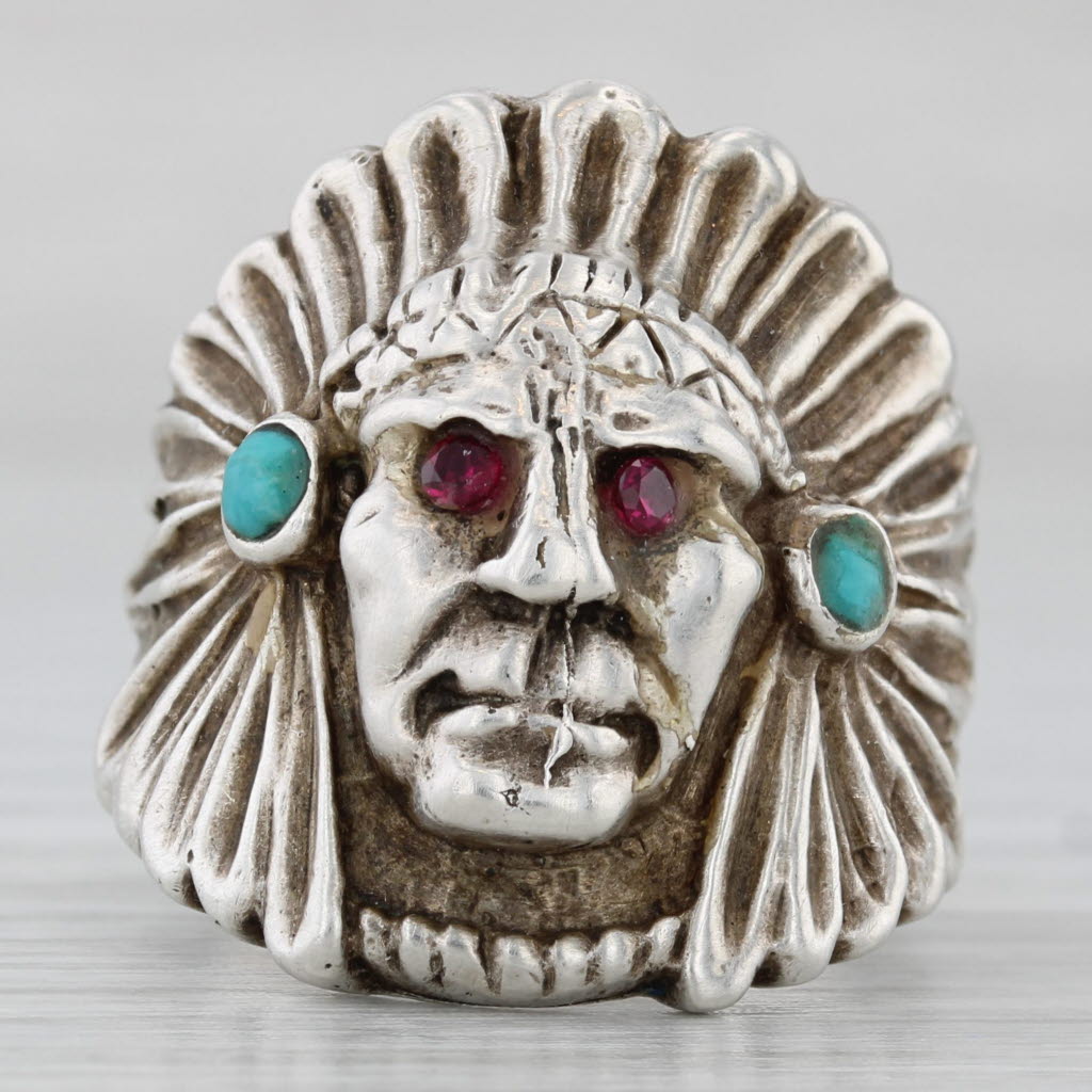 Vintage Native American Indian Chief Head Ring Sterling Silver Sz 8.25 Stones