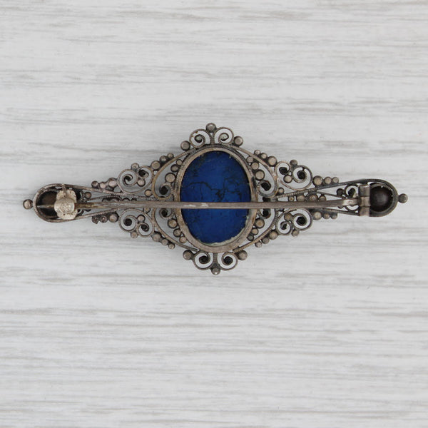 Light Gray Antique Blue Glass Filigree Pin 800 Silver Ornate Brooch