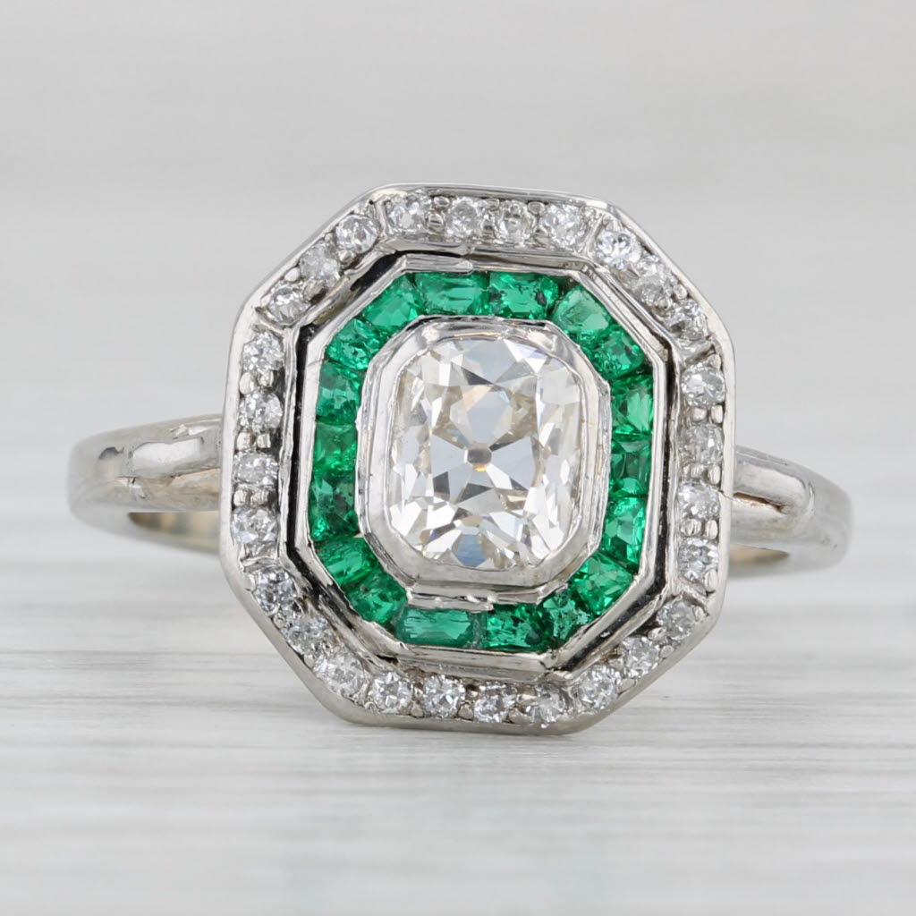 Light Gray Vintage 1.25ctw Emerald Diamod Halo Ring 14K Gold Platinum Size 6.25 Engagement