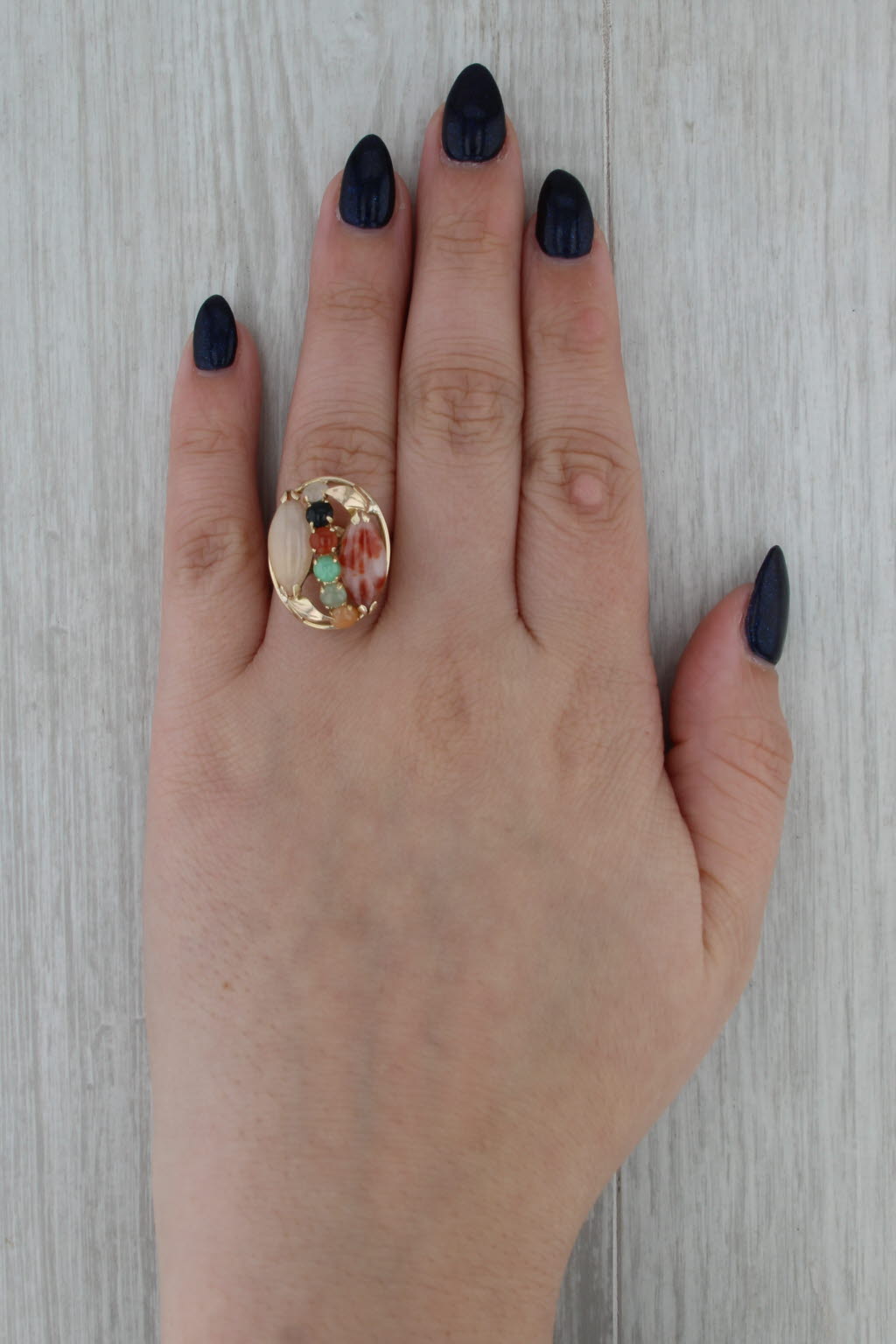 Multicolor Jadeite Jade Cluster Ring 14k Yellow Gold Size 6.25 Cocktail