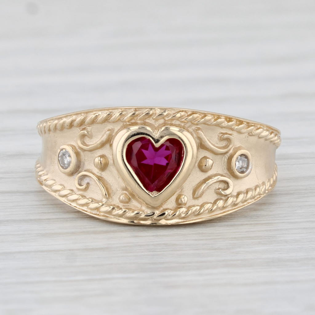 Light Gray Lab Created Ruby Heart Diamond Ring 10k Yellow Gold Size 7