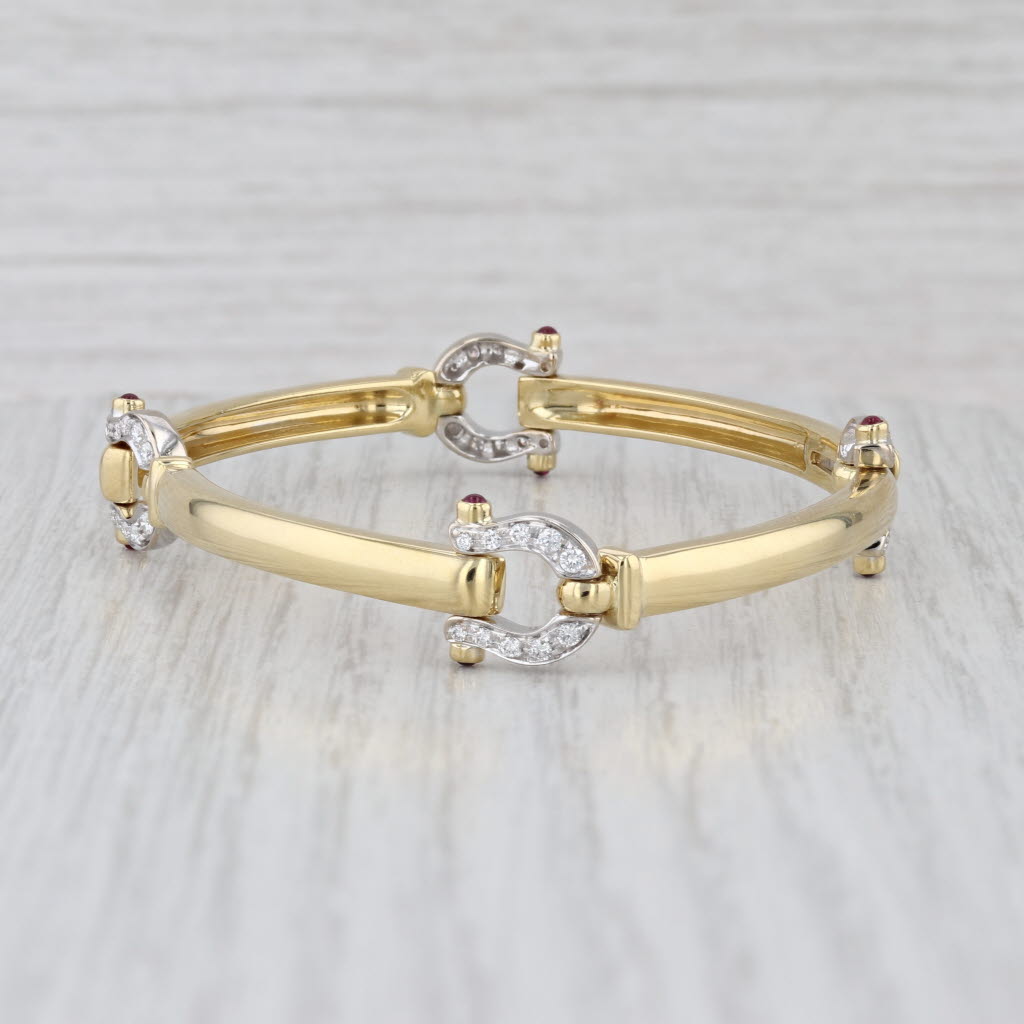 Horseshoe Bar Link Bracelet 18k Yellow White Gold Ruby 0.38ctw Diamond 6.75"