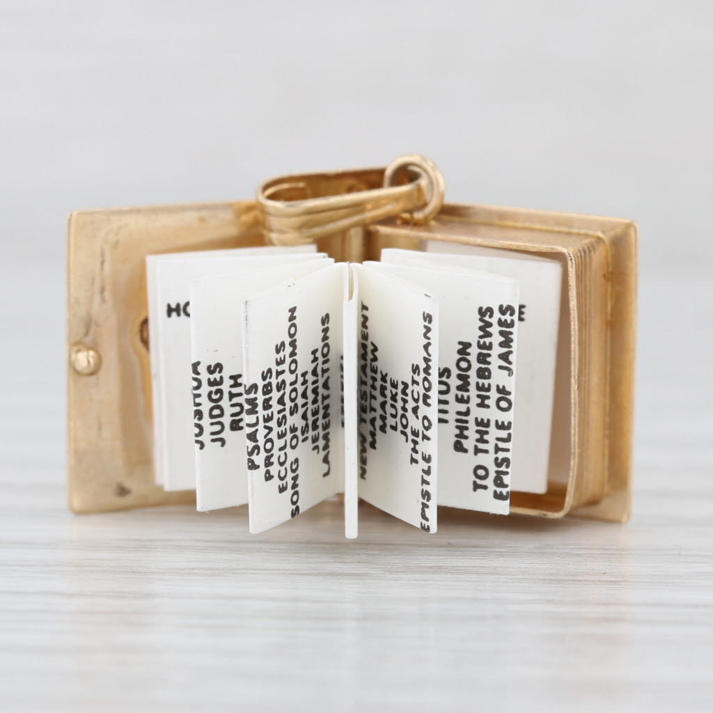 Bible Pendant 14k Yellow Gold Opens List of Books Cross Engravable