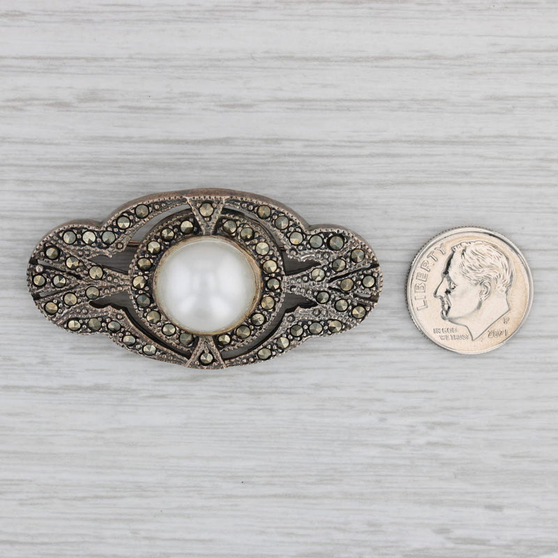 Vintage Imitation Mabe Pearl Marcasite Brooch Sterling Silver statement Pin