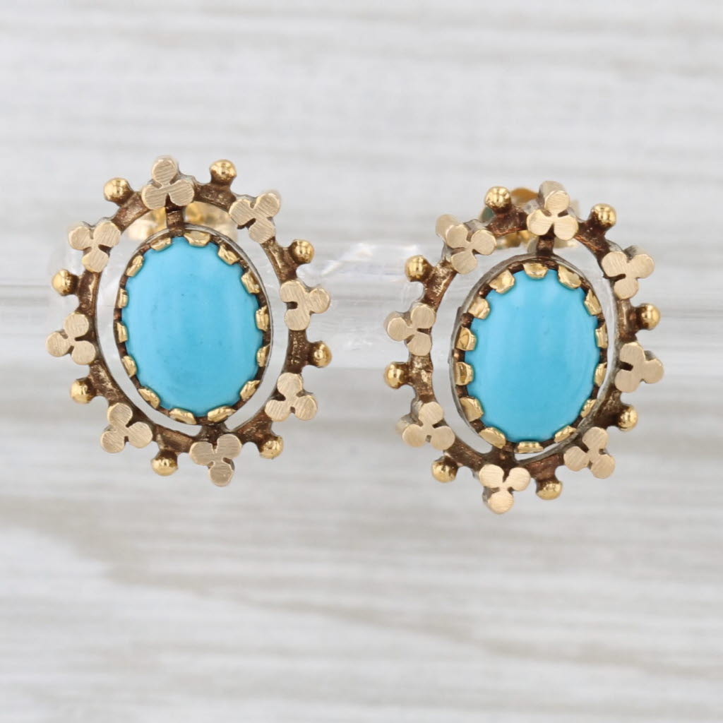 Vintage Imitation Turquoise Resin Stud Earrings 14k Yellow Gold Oval Cabochon