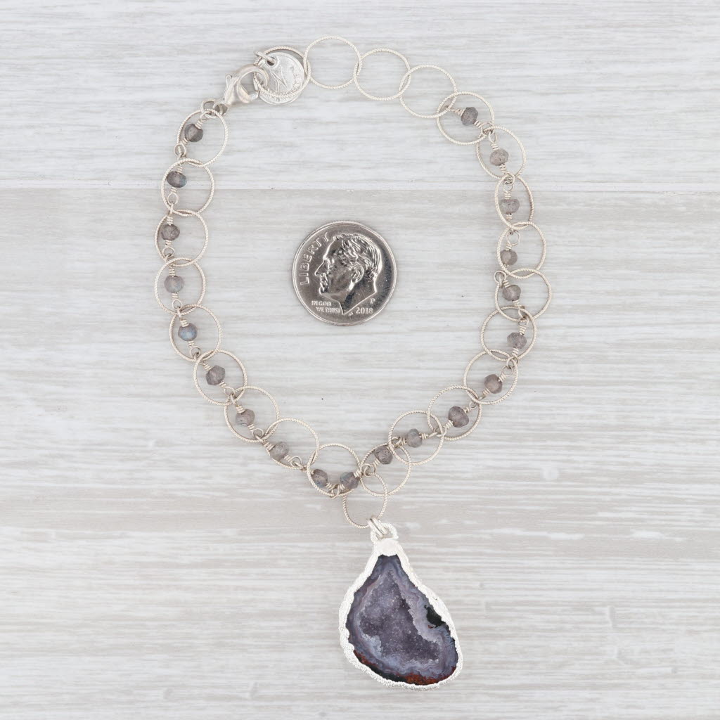 New Nina Wynn Charm Bracelet Sterling Druzy Geode Quartz Labradorite Bead 7.5"