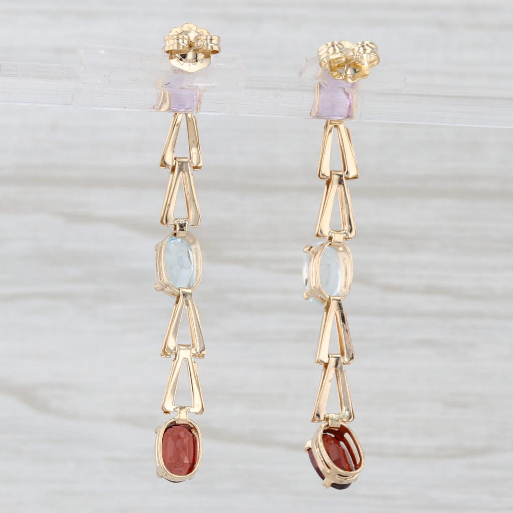 Light Gray 3ctw 3-Stone Journey Dangle Earrings 14k Gold Topaz Amethyst Garnet