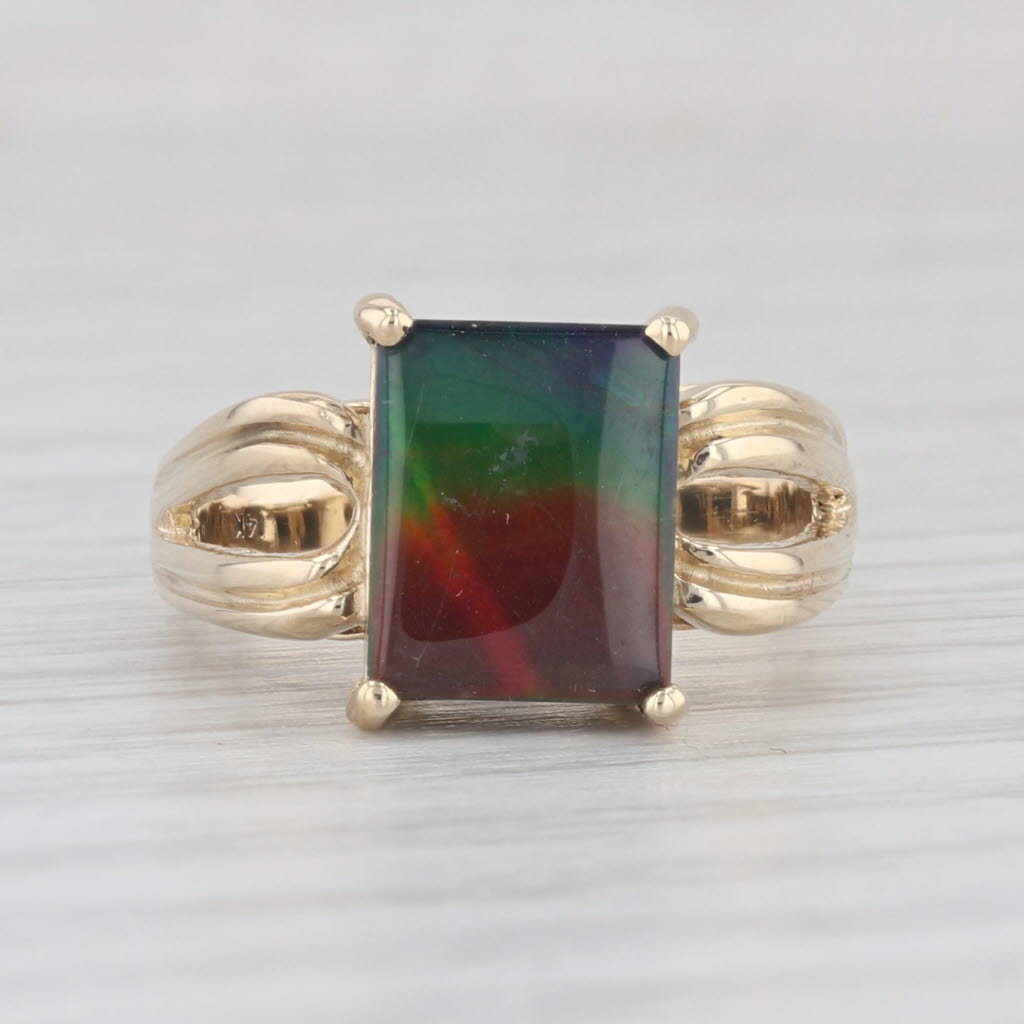 Light Gray Rainbow Ammolite Triplet Solitaire Ring 14k Yellow Gold Size 6.5