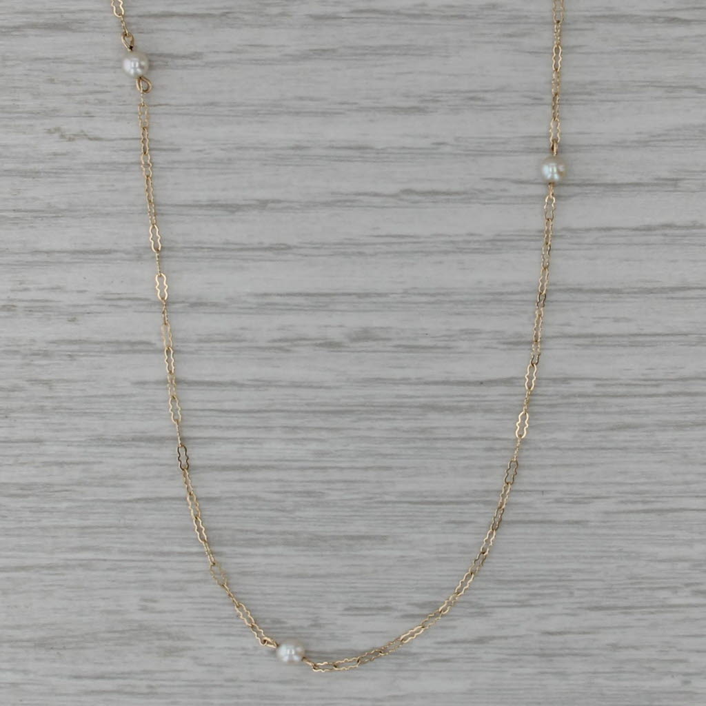 18.25" Cultured Pearl Bead Station Necklace 14k Yellow Gold Crinkle Chain
