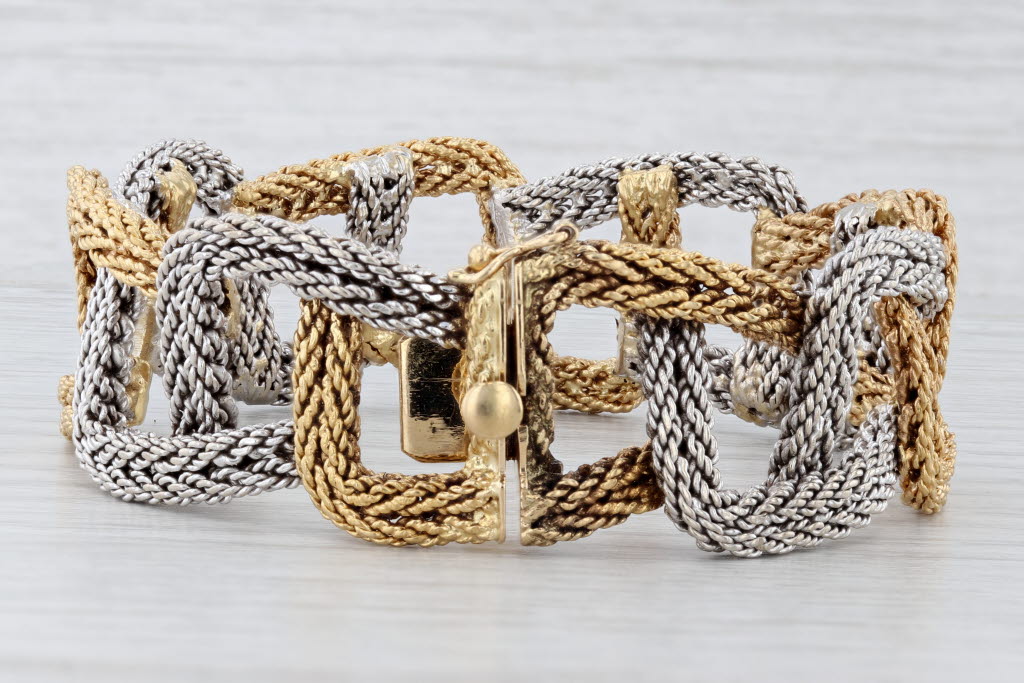 Light Gray Cartier Woven Yellow White Gold Bracelet w/ Box 18k 6.75" Designer Statement